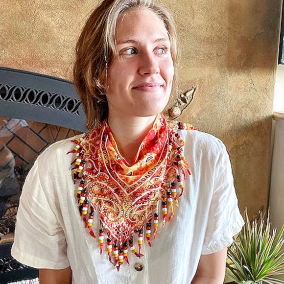 Blue Beaded Fringe Western Scarf - Picture 2 of 3